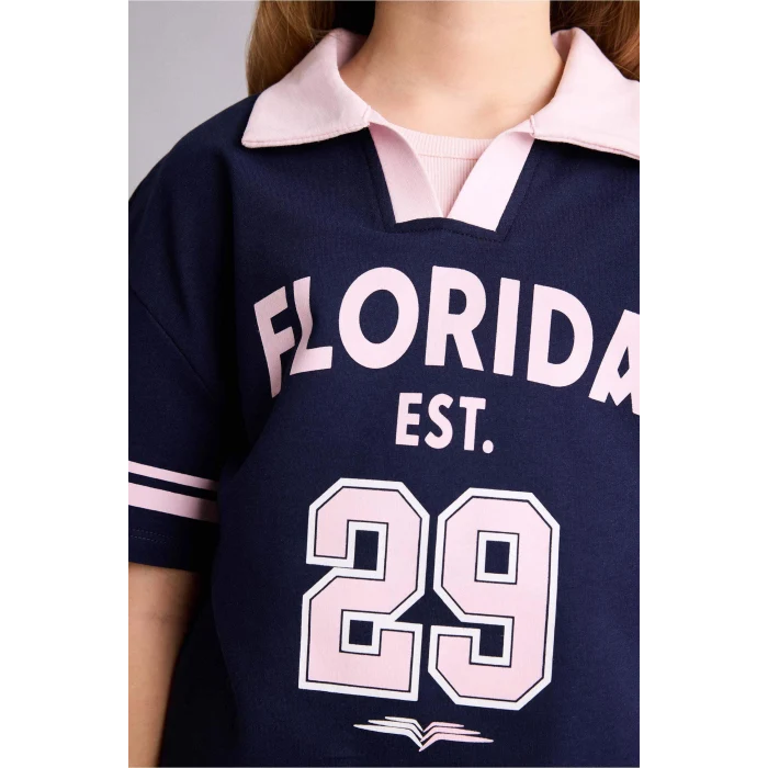 Defacto G8467A8NV251 Lacivert Oversıze Baskılı Sweatshırt Tişört Kız Çocuk