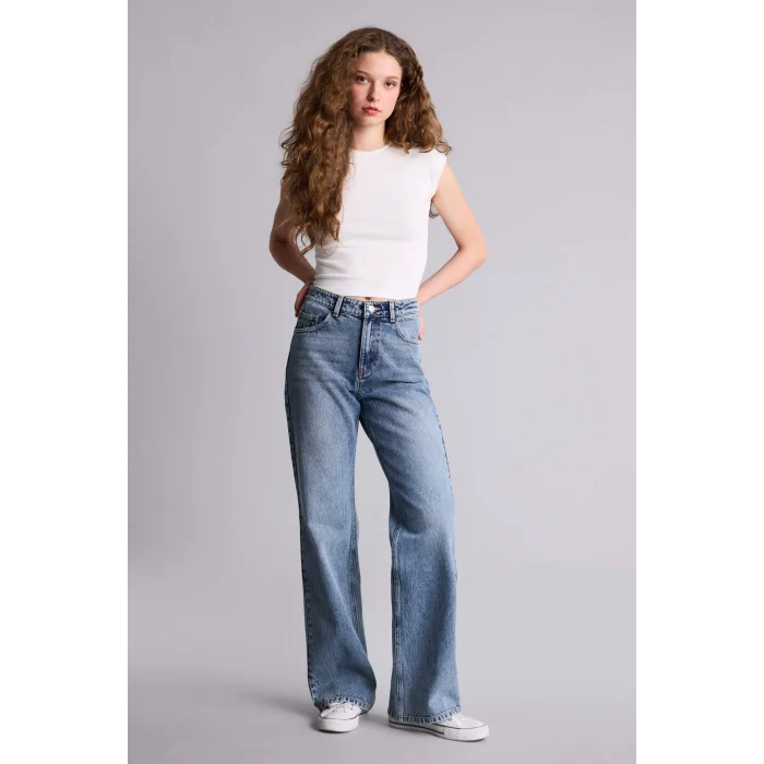 Defacto F9596AXNM28 Mavi %100 Pamuk Straıght Wıde Yüksek Bel Jean Pantolon