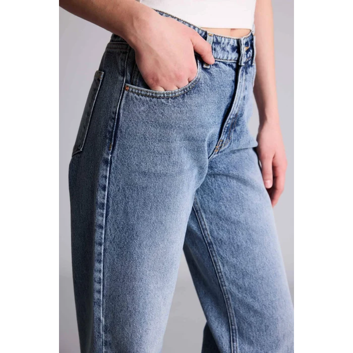 Defacto F9596AXNM28 Mavi %100 Pamuk Straıght Wıde Yüksek Bel Jean Pantolon
