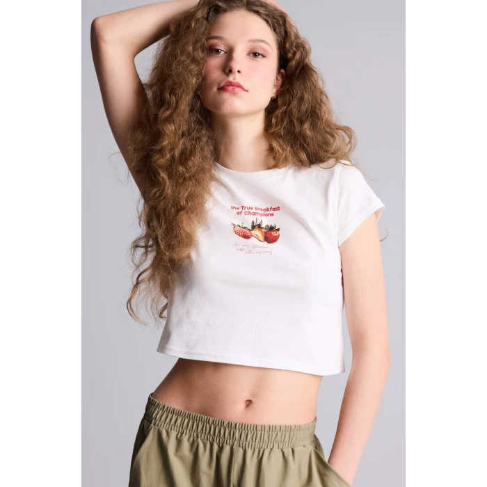 Defacto H0167AXWT32 Beyaz Fıtted Bisiklet Yaka Baskılı Kısa Kollu Tişört