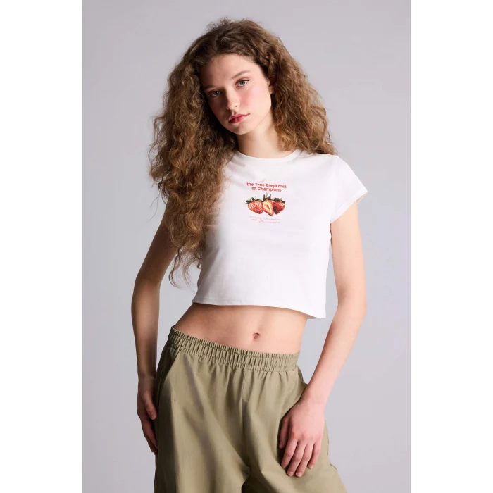 Defacto H0167AXWT32 Beyaz Fıtted Bisiklet Yaka Baskılı Kısa Kollu Tişört