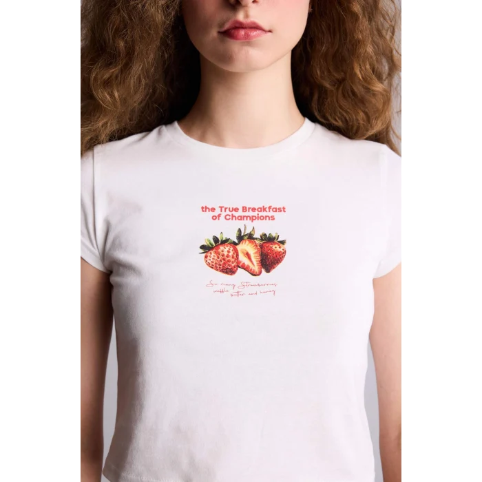 Defacto H0167AXWT32 Beyaz Fıtted Bisiklet Yaka Baskılı Kısa Kollu Tişört