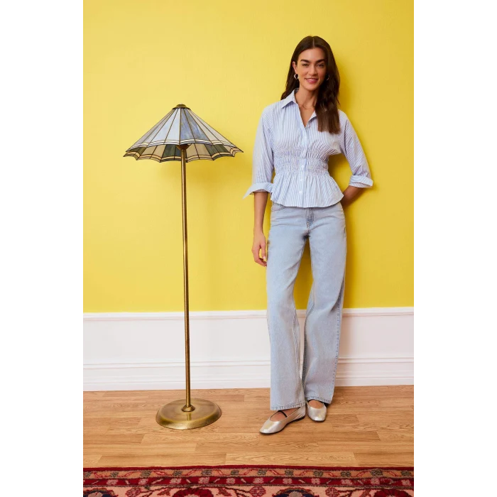 Defacto H0347AXBE306 Mavi Fıtted Çizgili Poplin Gömlek