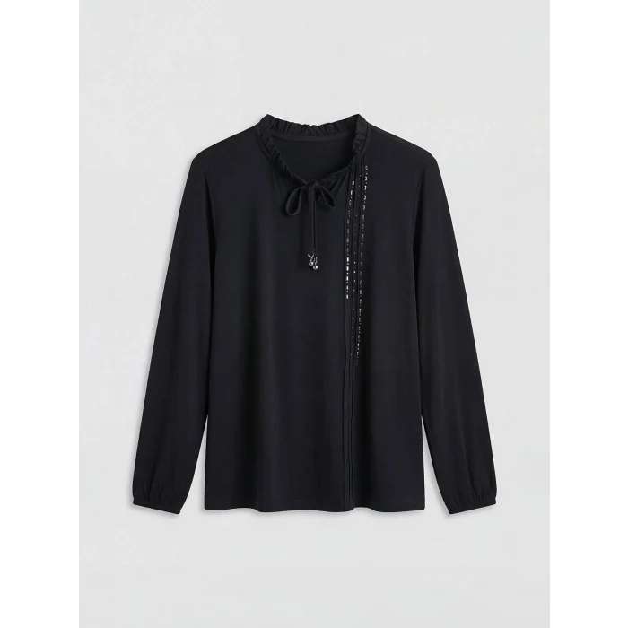 LCW Grace Siyah Fırfırlı Bağlamalı Yaka Taşlı Bluz