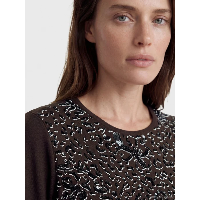 LCW Grace Kahverengi Bisiklet Yaka Desenli Kadın Tişört