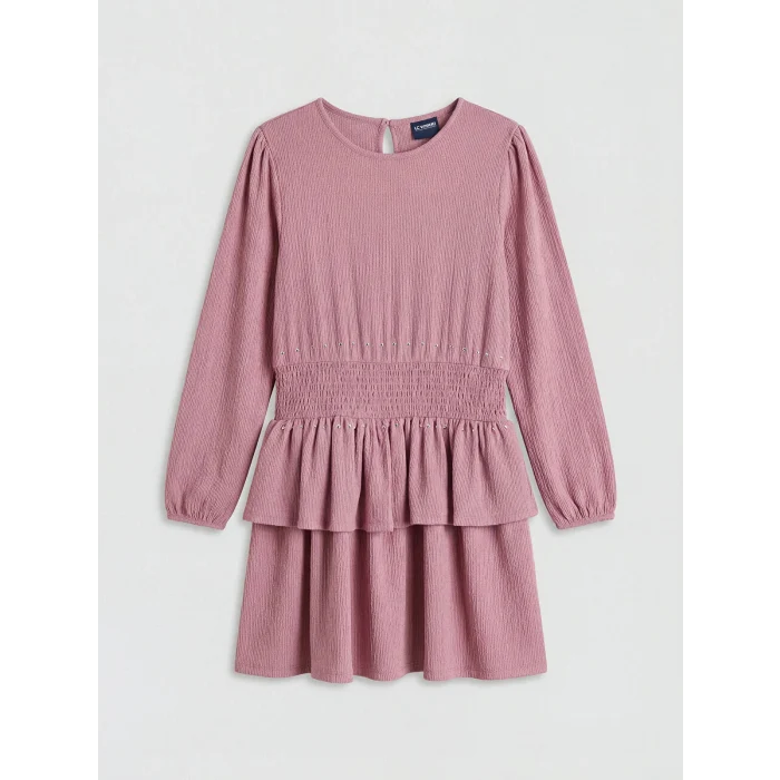 LCW Kids Lila Bisiklet Yaka Fırfırlı Taş Detaylı Kız Çocuk Elbise