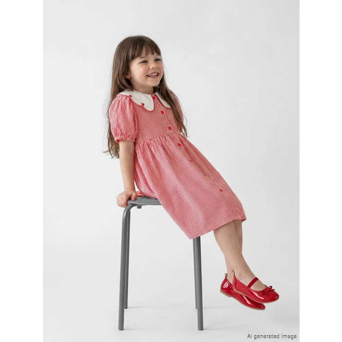 LCW Kids Kırmızı Bebe Yaka Kız Çocuk Çizgili Elbise