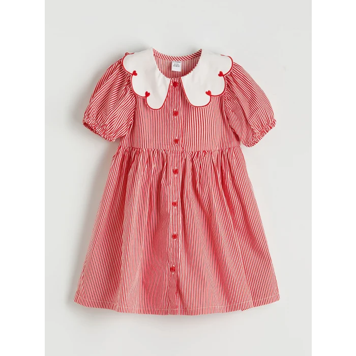 LCW Kids Kırmızı Bebe Yaka Kız Çocuk Çizgili Elbise