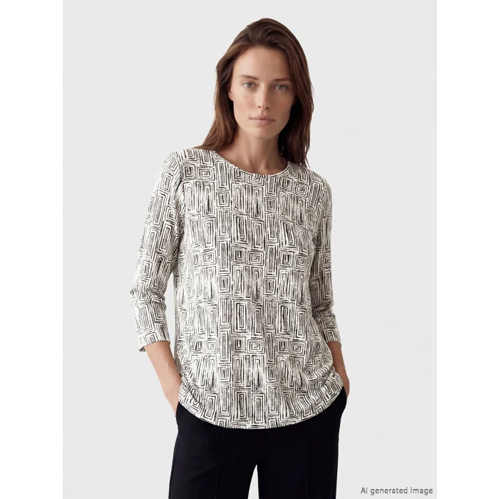 LCW Grace Ekru Bisiklet Yaka Desenli Kadın Tişört