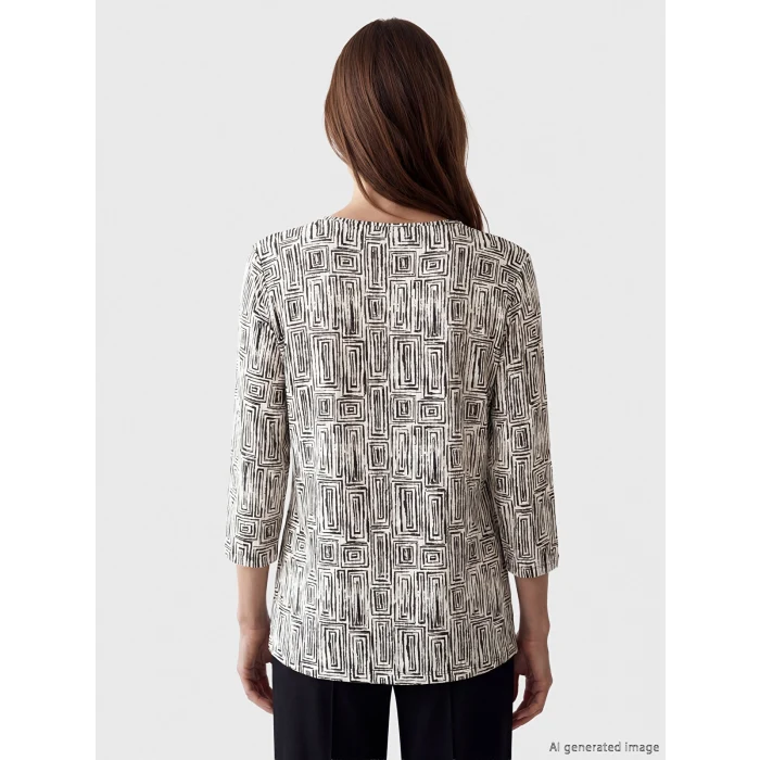 LCW Grace Ekru Bisiklet Yaka Desenli Kadın Tişört