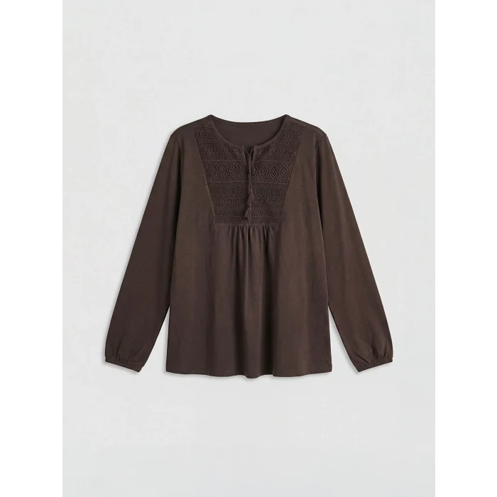 LCW Grace Kahverengi Bağlamalı Yaka Nakışlı Bluz