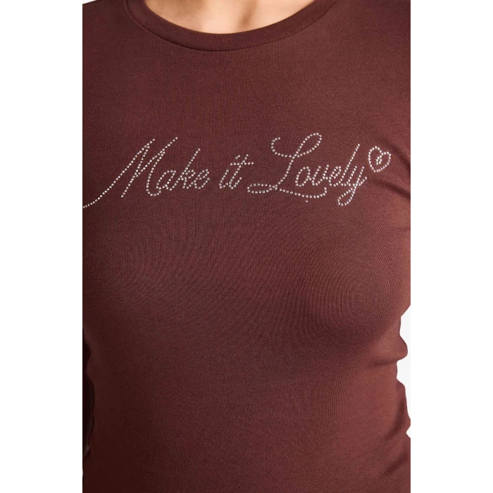 Defacto G9622AXBN320 Kahve Fıtted Baskılı Ribana Tişört