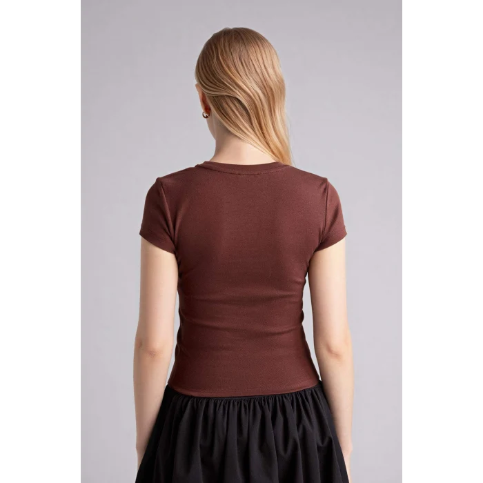 Defacto G9622AXBN320 Kahve Fıtted Baskılı Ribana Tişört