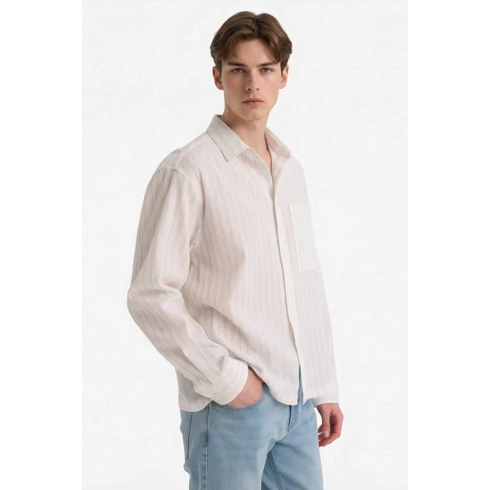 Defacto F8609AXER105 Ekru Esnek Kumaş Boxy Fit Gömlek