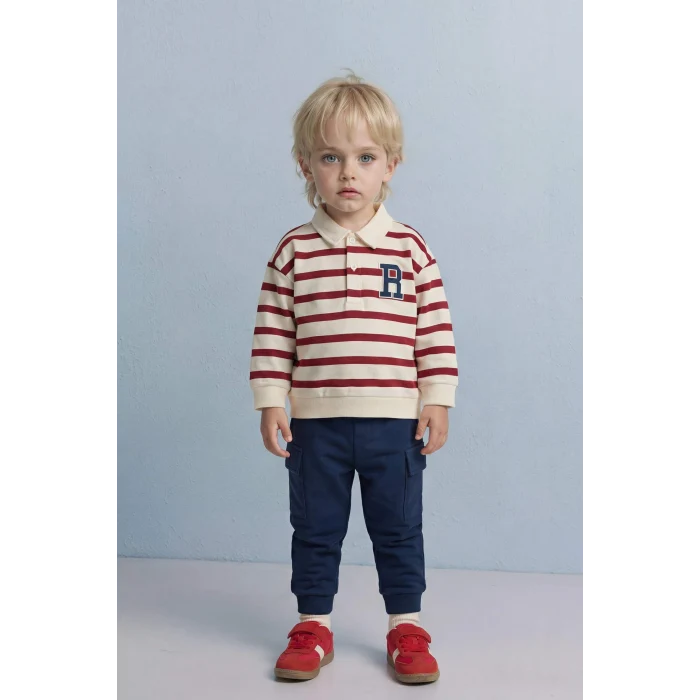 Defacto G6297A5ER118 Ekru 2li Takım Çizgili Sweatshirt Pantolon Erkek Bebek