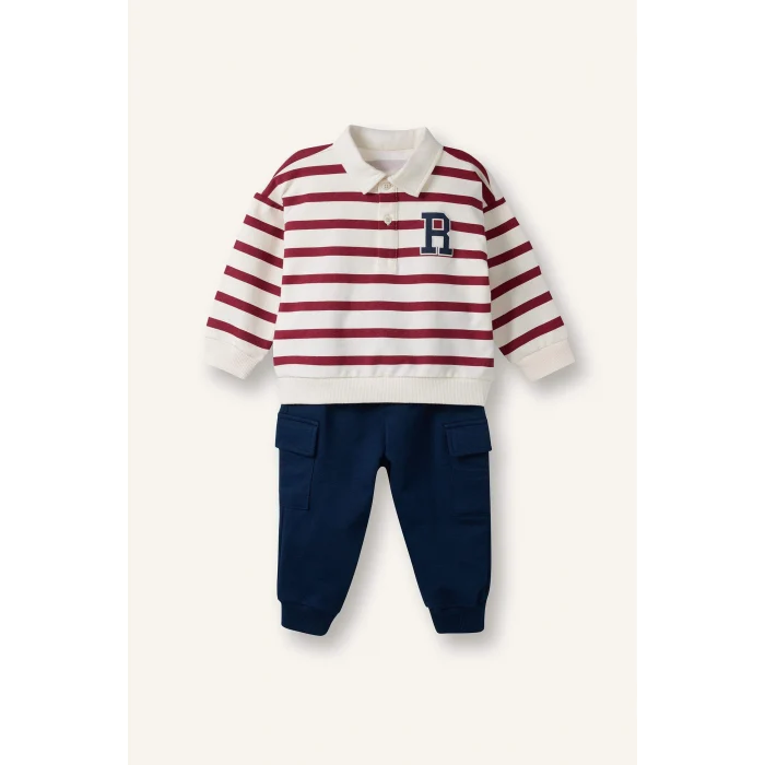 Defacto G6297A5ER118 Ekru 2li Takım Çizgili Sweatshirt Pantolon Erkek Bebek