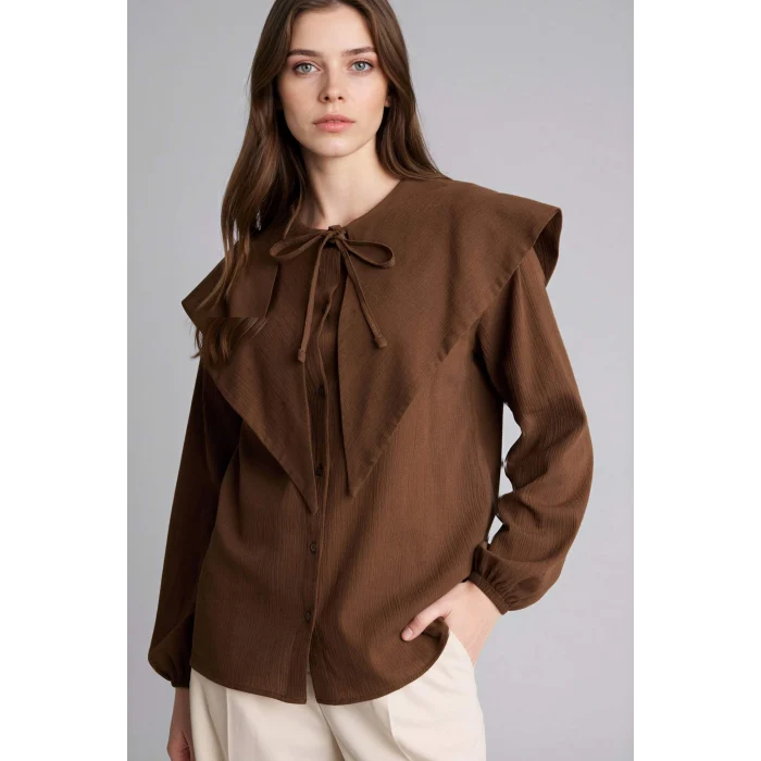 Defacto G9244AXBN323 Kahve %100 Pamuk Regular Fıt Flamlı Uzun Kollu Tunik