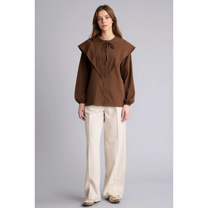 Defacto G9244AXBN323 Kahve %100 Pamuk Regular Fıt Flamlı Uzun Kollu Tunik