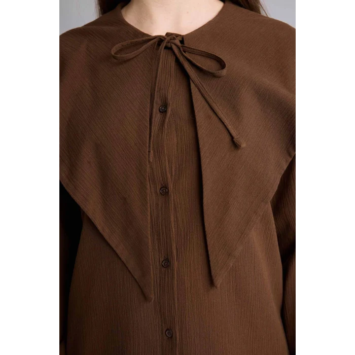 Defacto G9244AXBN323 Kahve %100 Pamuk Regular Fıt Flamlı Uzun Kollu Tunik