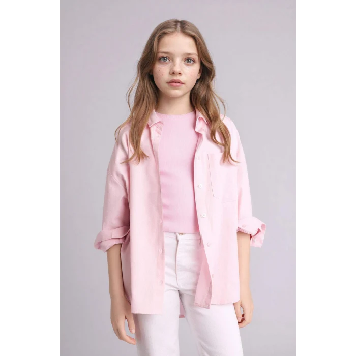 Defacto G7382A8PN693 Pembe Oxford Gömlek Tişört 2li Takım Kız Çocuk
