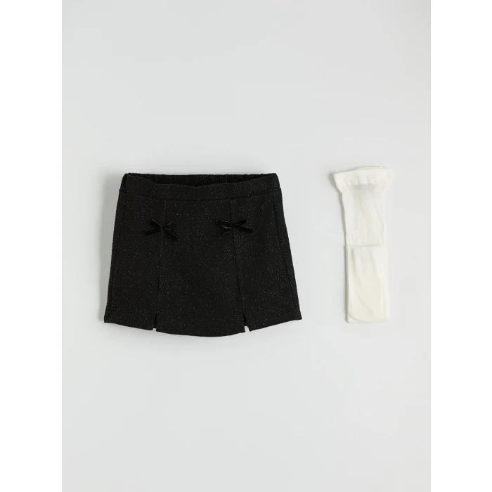 LCW Kids Siyah Beli Lastikli Simli Kız Çocuk Şort Etek ve Külotlu Çorap