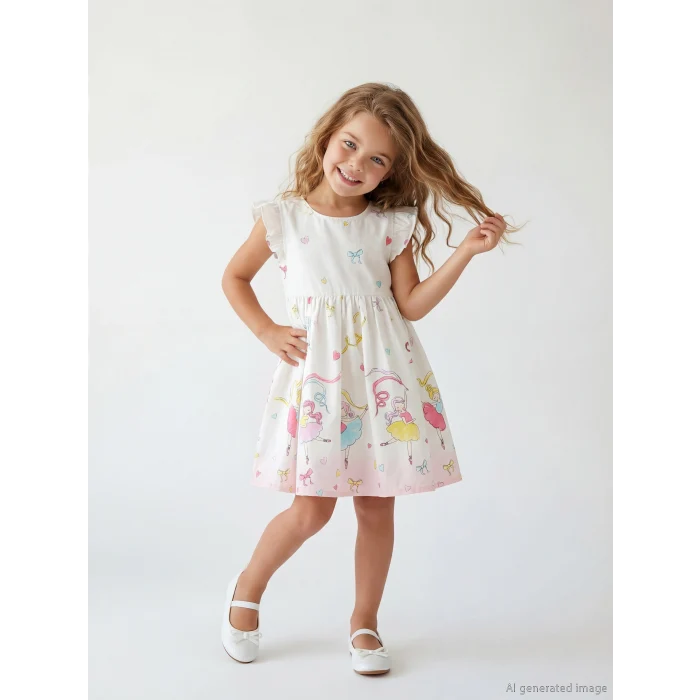 LCW Kids Ekru Fiyonk Desenli Kız Çocuk Elbise