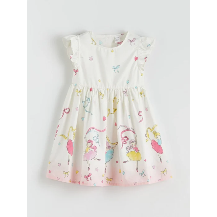 LCW Kids Ekru Fiyonk Desenli Kız Çocuk Elbise