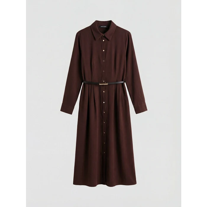 LCW Vision Kahverengi Kemerli Gömlek Elbise