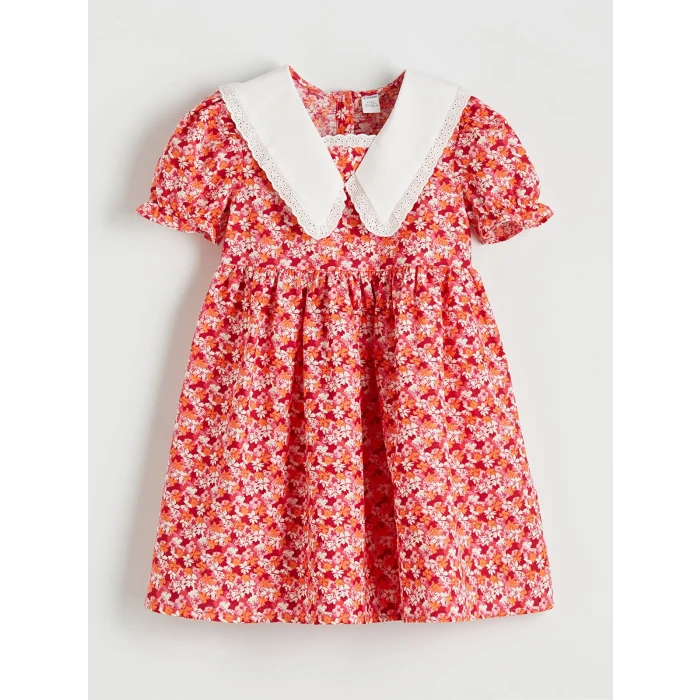 LCW Kids Mercan Baskılı Keten Görünümlü Kız Çocuk Elbise