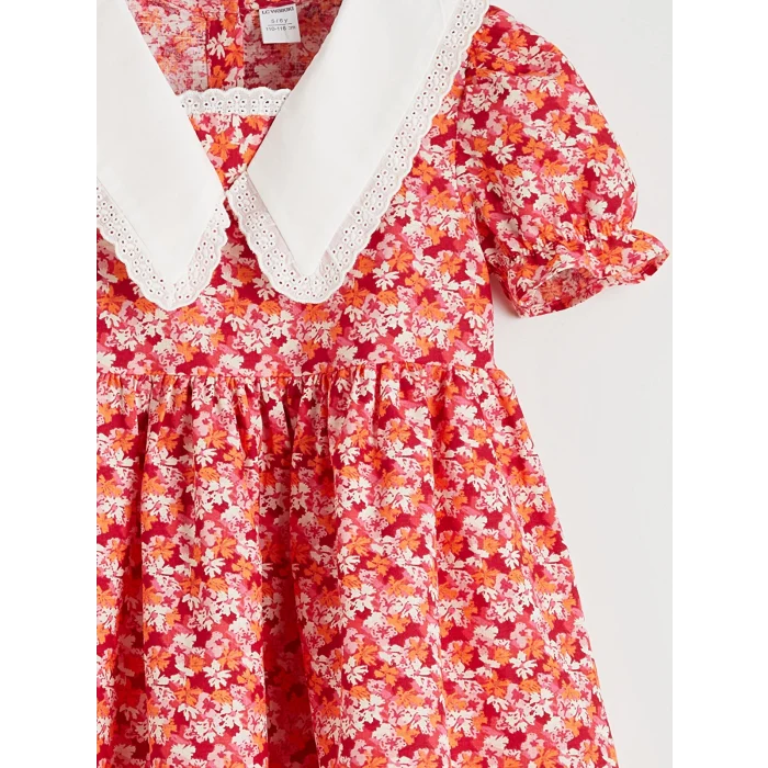 LCW Kids Mercan Baskılı Keten Görünümlü Kız Çocuk Elbise