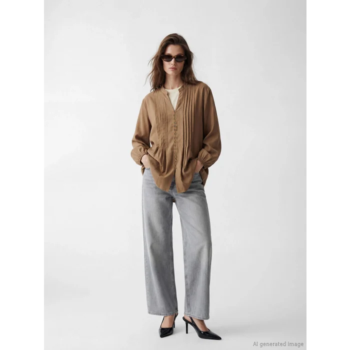 LCW Modest Kahverengi Kaçık Yaka Pileli Bluz