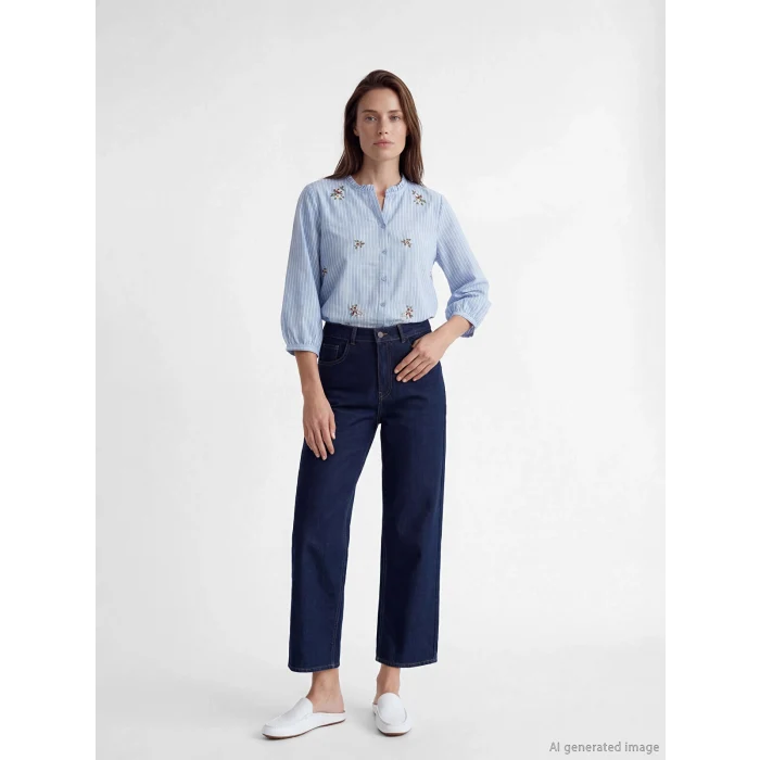 LCW Grace Mavi Fırfırlı Kaçık Yaka Çizgili Kadın Gömlek