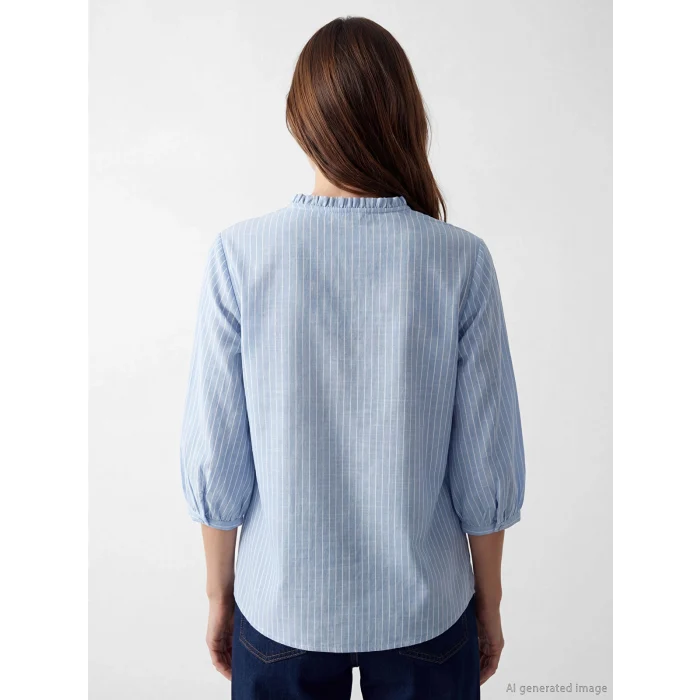 LCW Grace Mavi Fırfırlı Kaçık Yaka Çizgili Kadın Gömlek