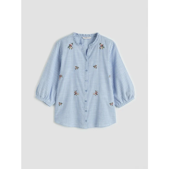 LCW Grace Mavi Fırfırlı Kaçık Yaka Çizgili Kadın Gömlek