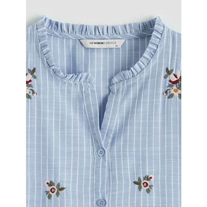 LCW Grace Mavi Fırfırlı Kaçık Yaka Çizgili Kadın Gömlek