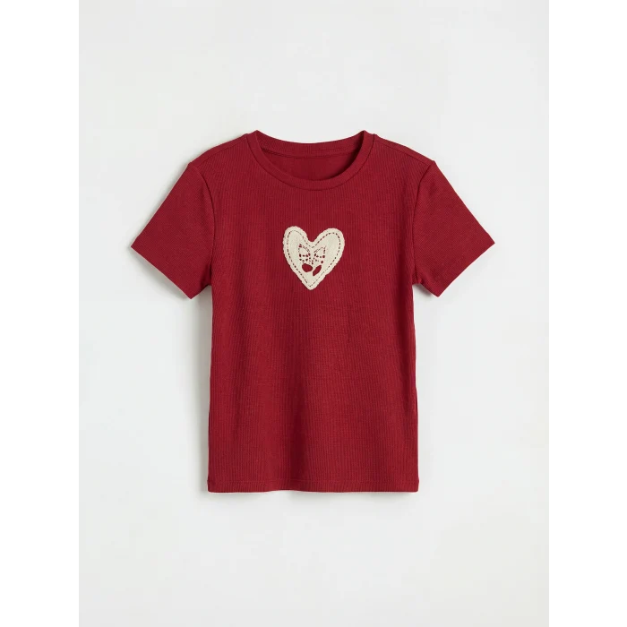 LCW Kids Bordo Bisiklet Yaka Kalp Nakışlı Kız Çocuk Tişört