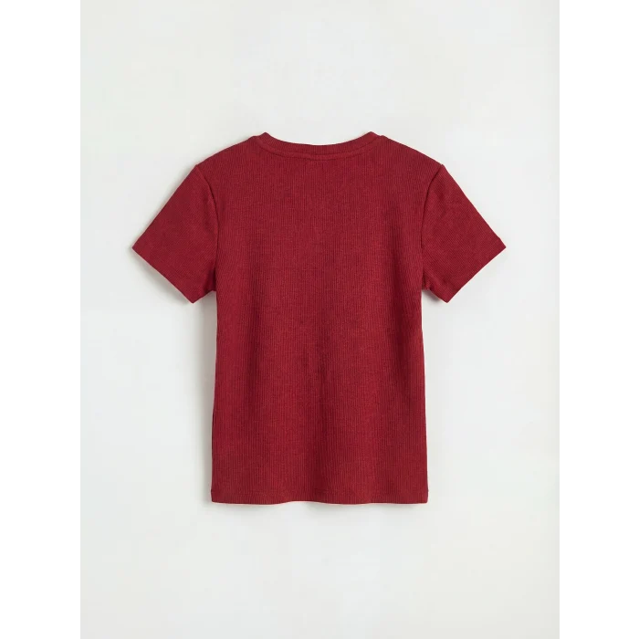 LCW Kids Bordo Bisiklet Yaka Kalp Nakışlı Kız Çocuk Tişört