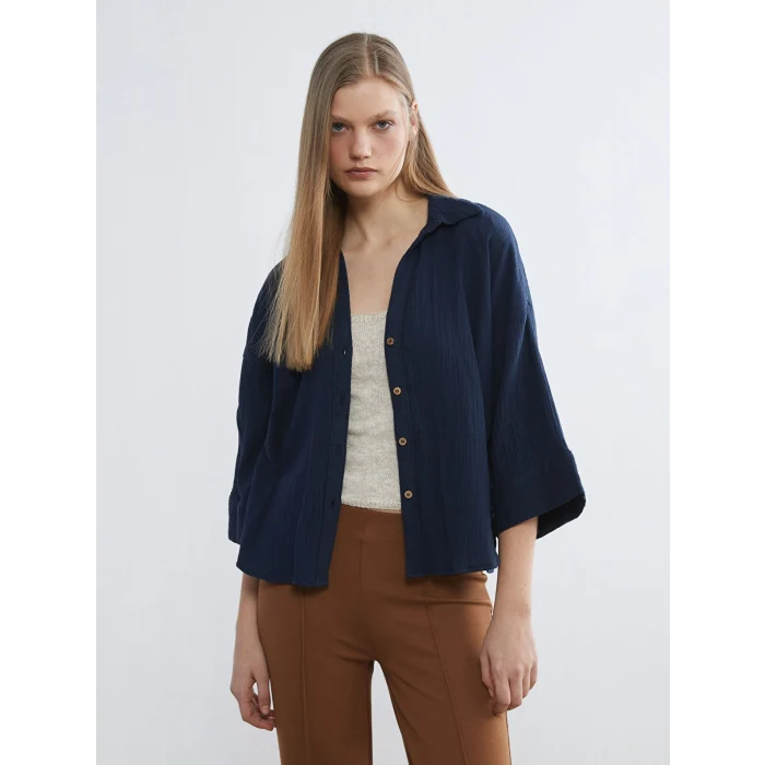LCW Vision Lacivert Dokulu Oversize Kadın Gömlek