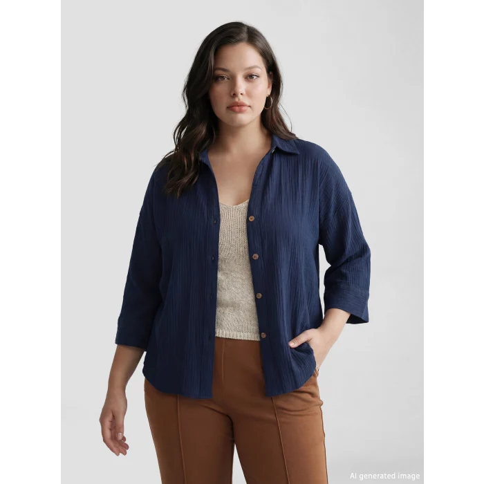 LCW Vision Lacivert Dokulu Oversize Kadın Gömlek