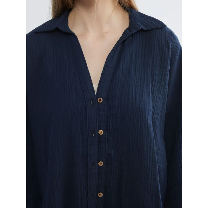 LCW Vision Lacivert Dokulu Oversize Kadın Gömlek