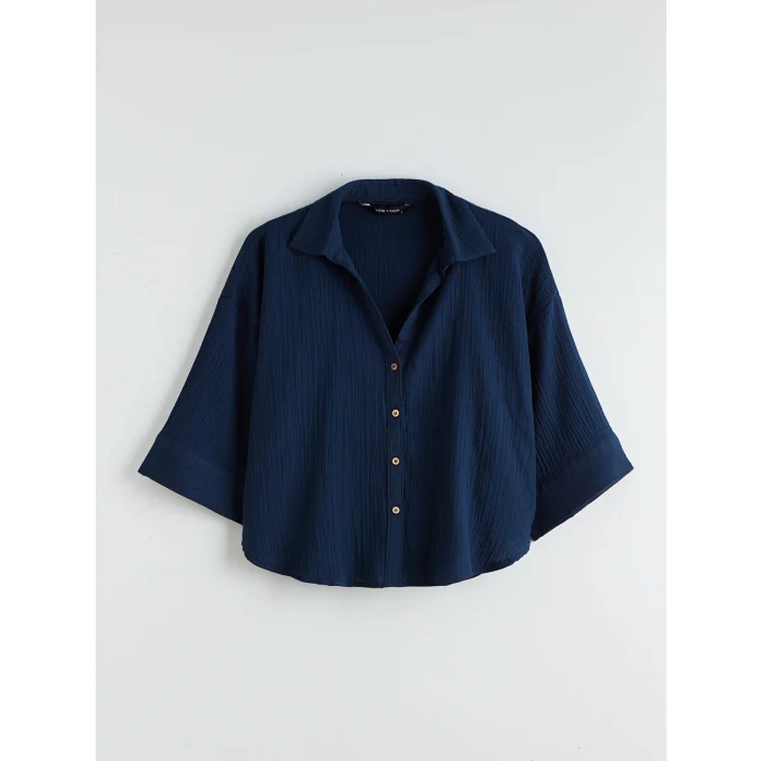 LCW Vision Lacivert Dokulu Oversize Kadın Gömlek