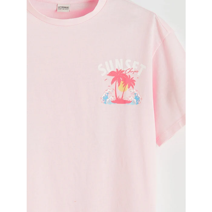 LCW Kids Pembe Bisiklet Yaka Kız Çocuk Baskılı Tişört