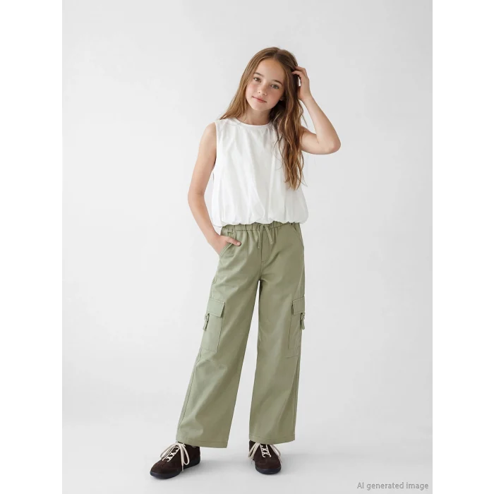 LCW Kids Haki Loose Fit Kız Çocuk Gabardin Kargo Pantolon