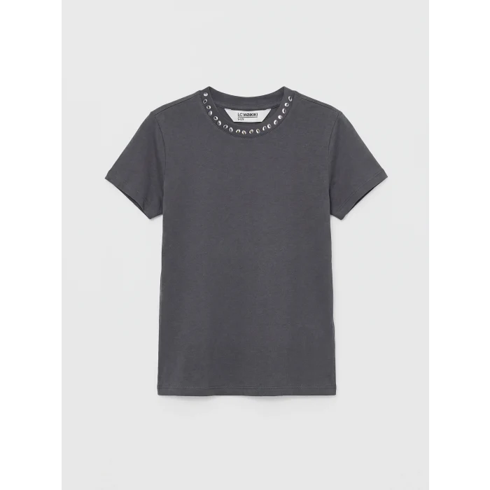 LCW Kids Gri Bisiklet Yaka Taşlı Kız Çocuk Tişört