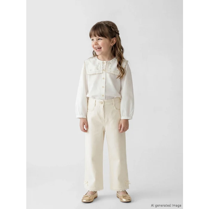 LCW Kids Ekru Fiyonk Detaylı Kız Çocuk Gabardin Pantolon