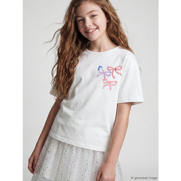 LCW Kids Ekru Payet İşlemeli Kız Çocuk Tişört