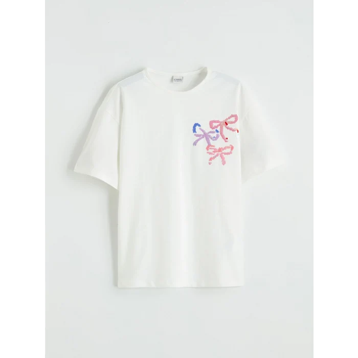 LCW Kids Ekru Payet İşlemeli Kız Çocuk Tişört