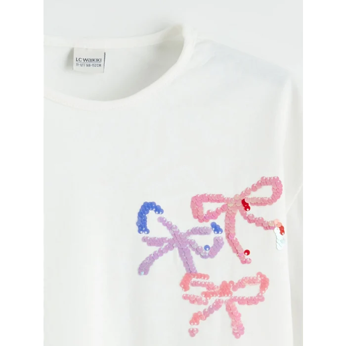 LCW Kids Ekru Payet İşlemeli Kız Çocuk Tişört