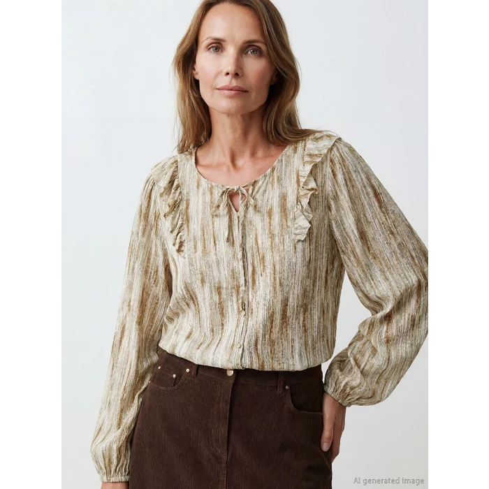 LCW Grace Haki Bağlamalı Yaka Fırfırlı Desenli Bluz