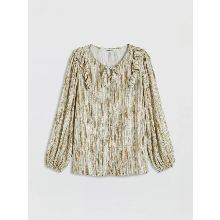 LCW Grace Haki Bağlamalı Yaka Fırfırlı Desenli Bluz